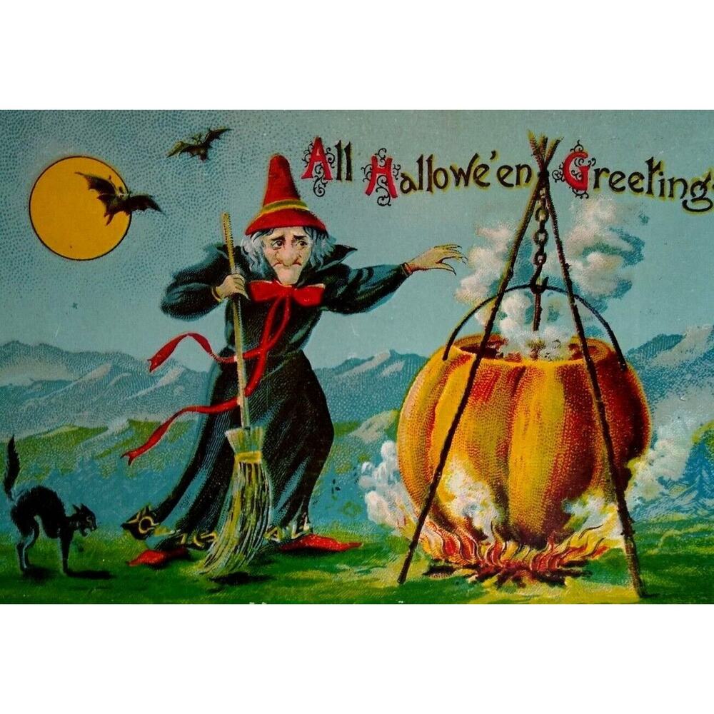 Halloween Postcard Witch Cauldron Vampire Bats Black Cat Fantasy Gottschalk 2276